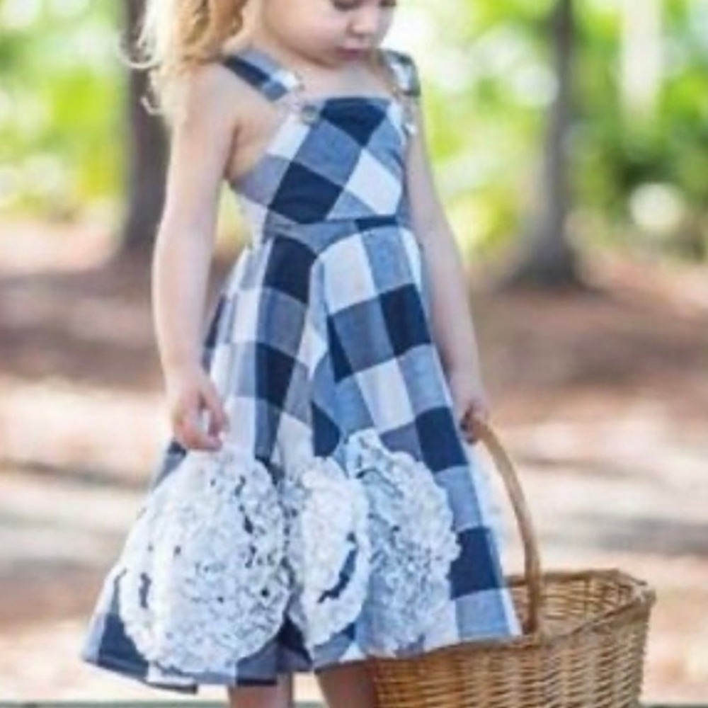 Dollcake Gingham Checkered Embroidered Cotton Dress Girls Size 6 Navy White Kids